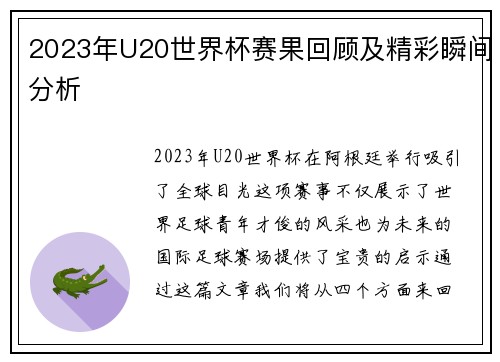 2023年U20世界杯赛果回顾及精彩瞬间分析